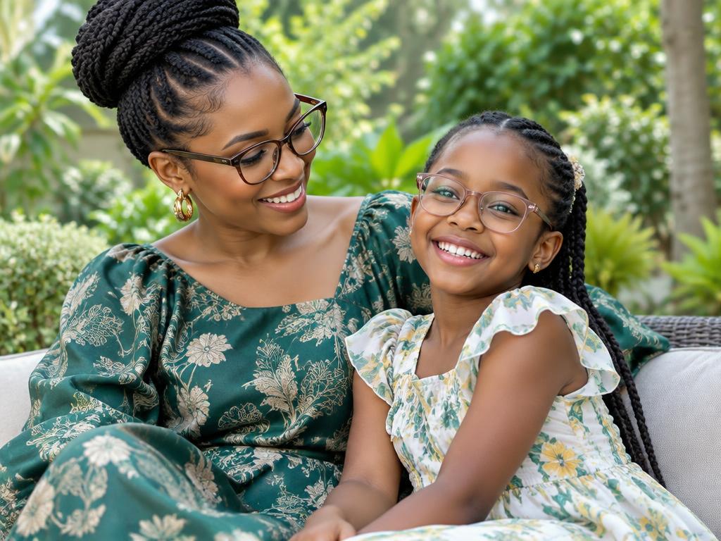 Illustrative mother and child wearing glasses
